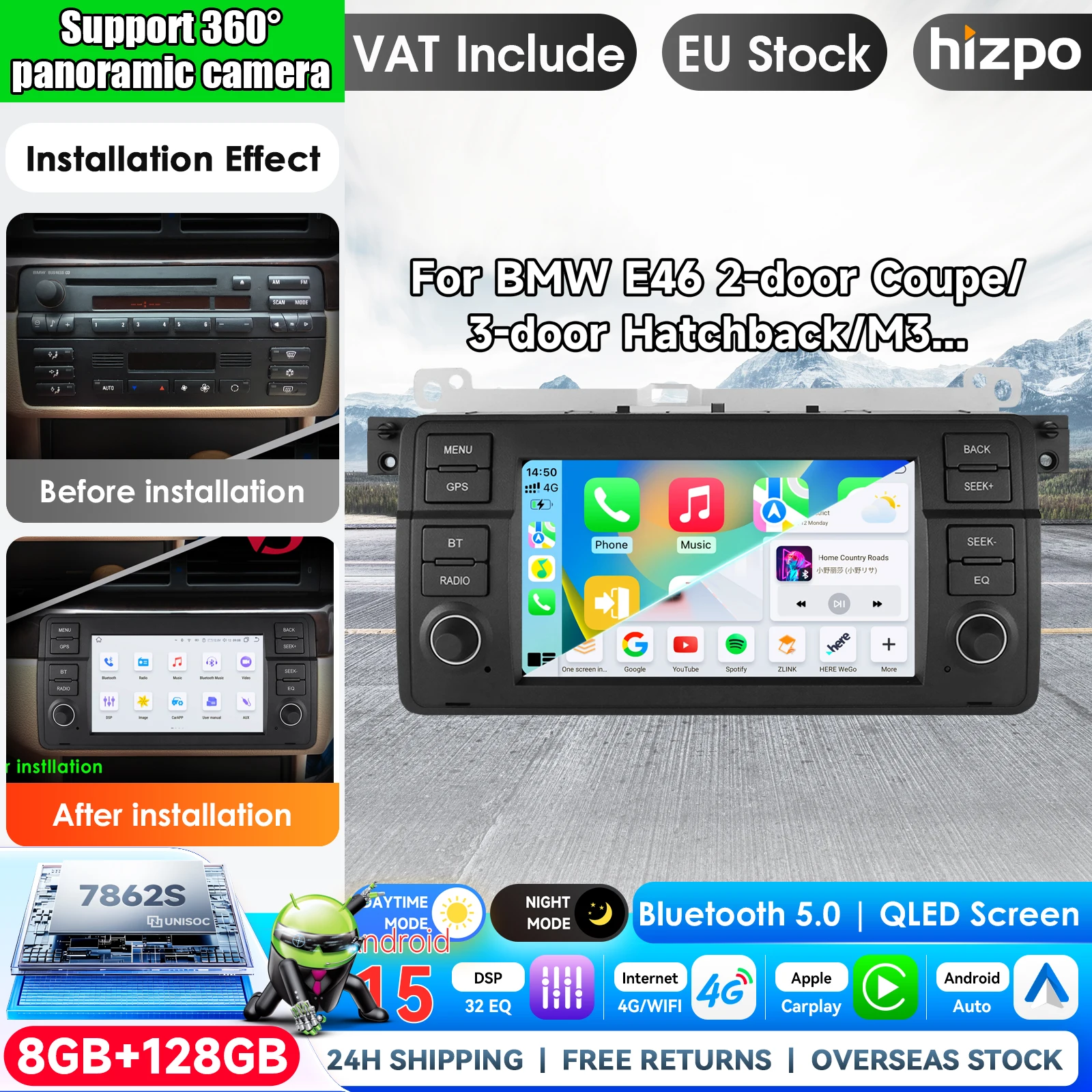 Radio para Auto Hizpo de 7 Pulgadas con CarPlay y Android Auto Inalámbrico para BMW E46 M3 318 320 325 330 335, Sistema Multimedia Inteligente con Pantalla Táctil IPS, Reproductor de Video Estéreo, Autoradio 2Din, Navegación, BT, GPS, 4G, WIFI, FM, AM, DSP, RDS, SWC 1