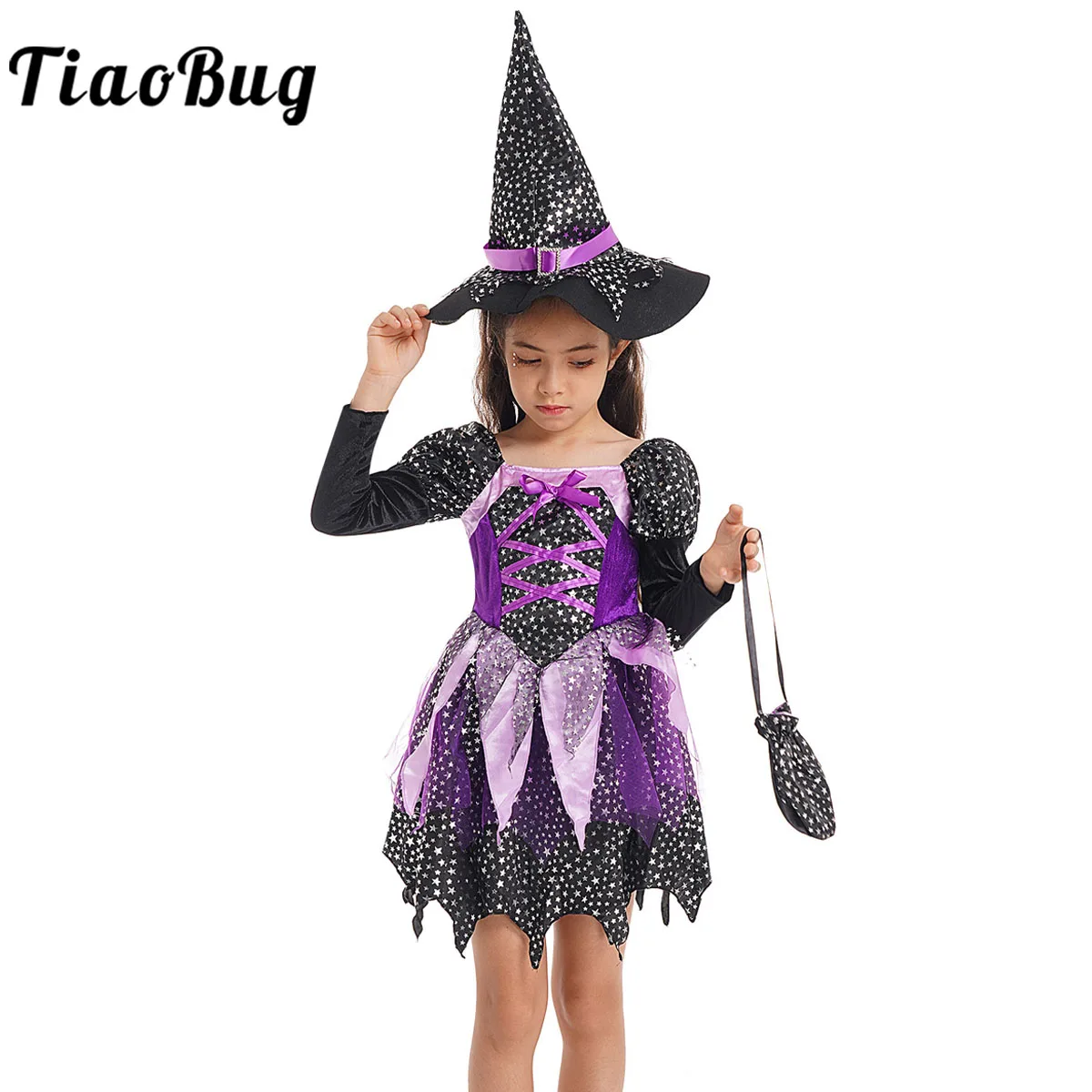Disfraz De Bruja Con Luces LED Para Niña – Set De 9 Piezas Con Sombrero, Varita, Mangas Y Accesorios Brillantes