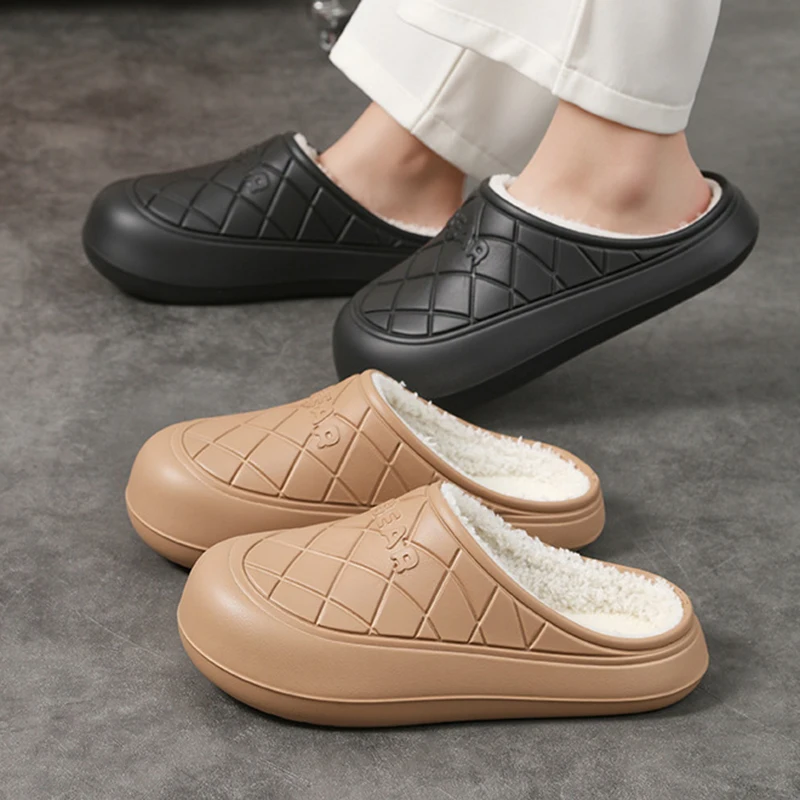 Waterproof EVA Cotton Slippers for Women Comfortable Lightweight Non Slip Home Slides Woman Fleece Lining Warm Plush Home Shoes