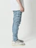 Men Street Elastic Denim Jeans Wash Solid Color Multi Pockets Cargo Pants Casual Slim Fit Daily Wear Joggers Mid Waist Trousers 5