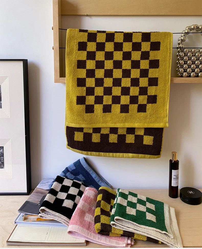 Description Picture 5 of itemColor matching retro checkerboard check towel long wool cotton face towel household absorbent face towel bath towel gift