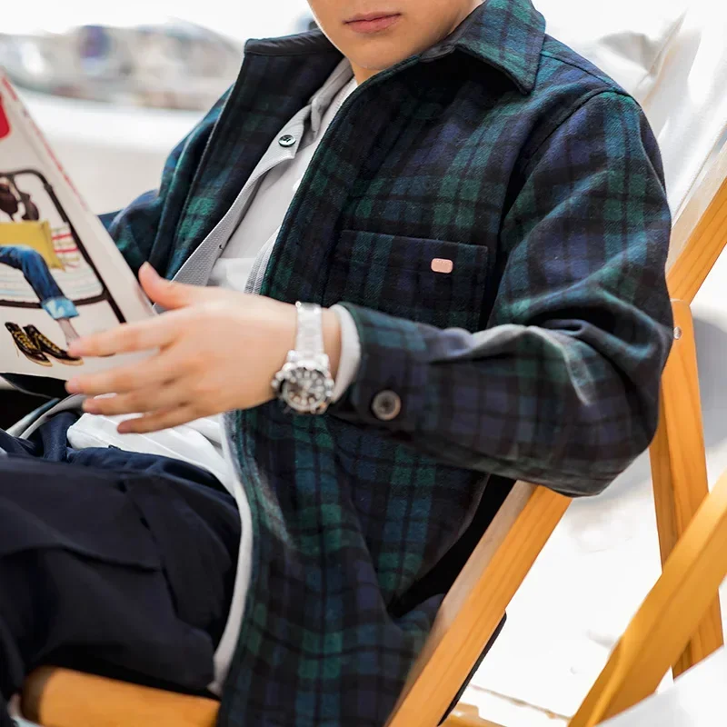 Maden Vintage Blue and Green Plaid Wool Jacket Loose Thickened Plaid Shirt Jacket Men's Casual Shirt Coat Male Warm Outwear 3