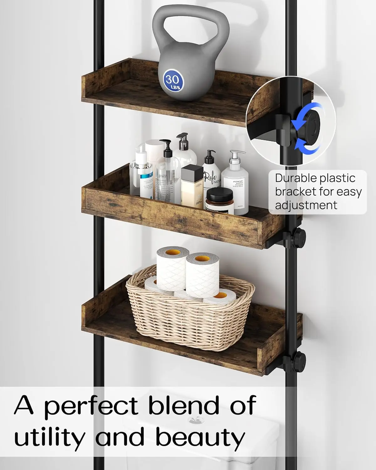 Bathroom Organizer. Over Toilet Storage. 4-Tier Adjustable Wood Shelves. 92-116" Tall. Rustic Brown.