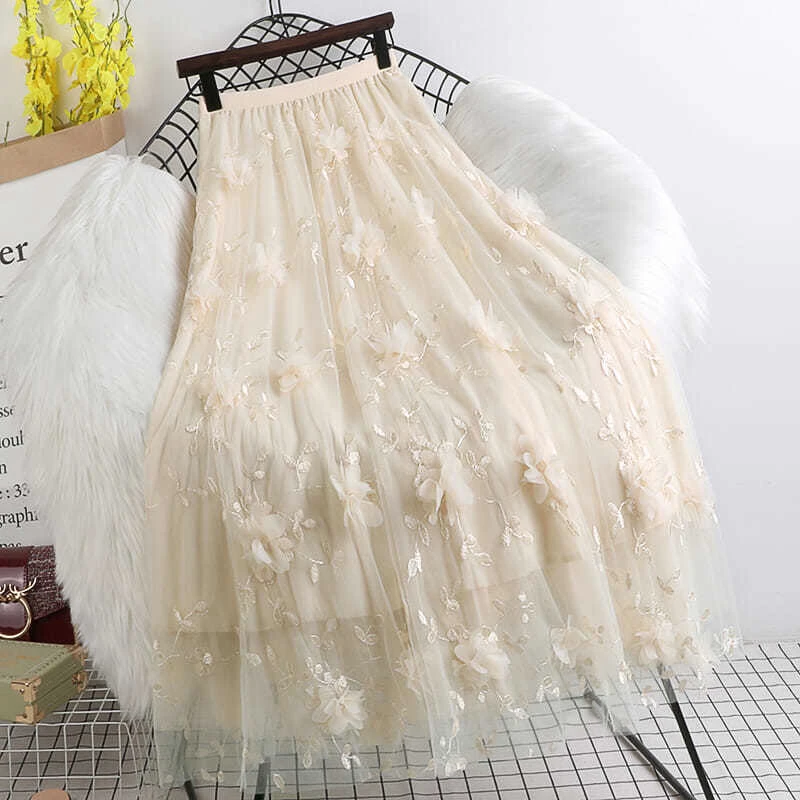 Luxury Woman Skirts 2021 Korean style Fashion Elastic Waist Appliques Embroidery Floral Mesh Skirt Long Gauze Ball Gown Skirt short skirt Skirts