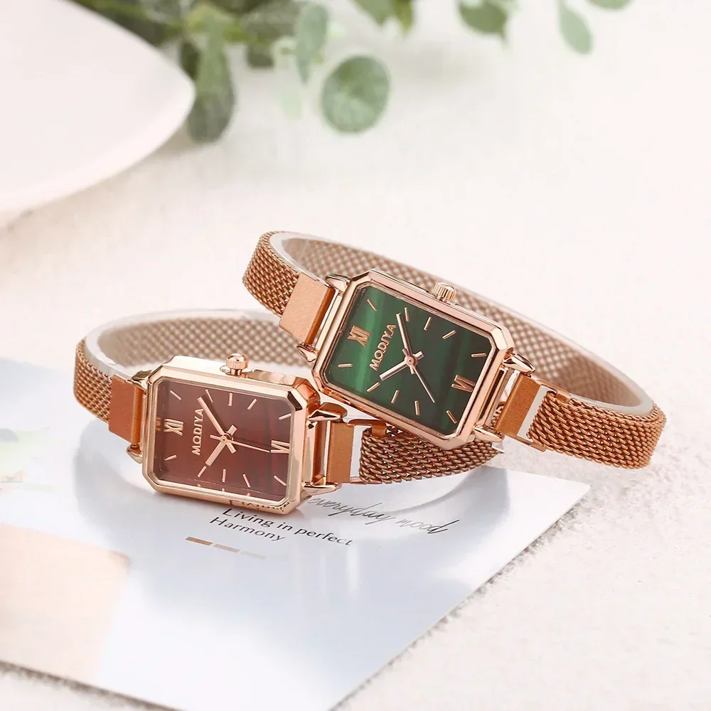 2024 New Women Watches Fashion Square Ladies Quartz Watch Magnetic Strap Green Dial Simple Rose Gold Mesh Luxury Women Watches 3