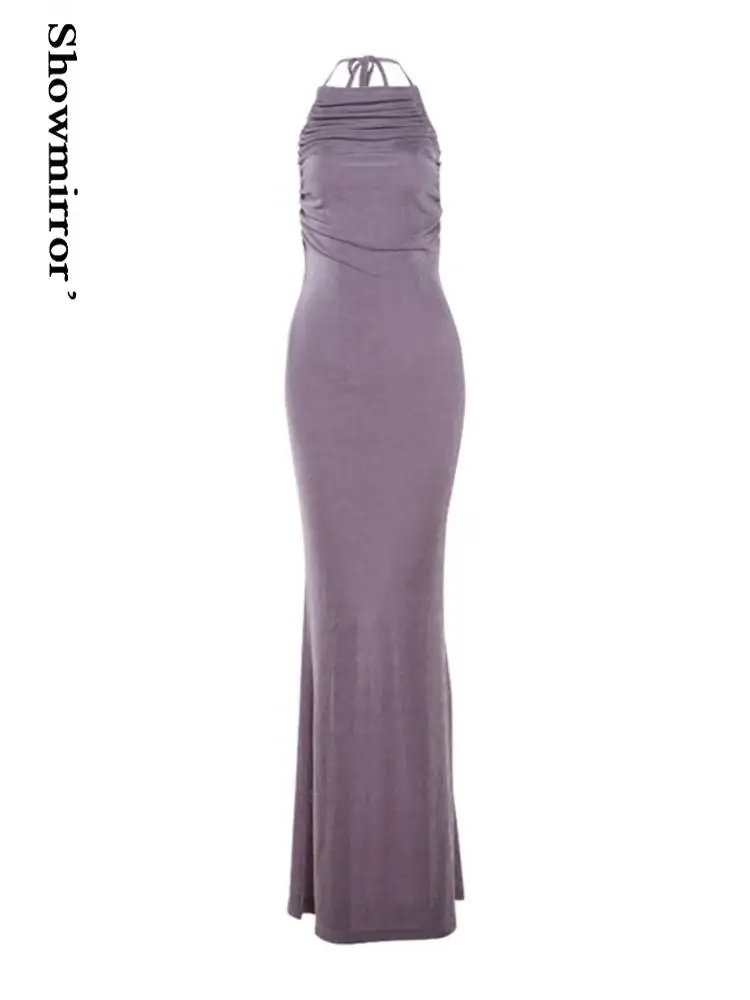 

Puple Sexy Backless Halter Maxi Dress Robe Dete Ruched Club Partywear Outfits For Women Summer Robe Dresses Vestido Robes