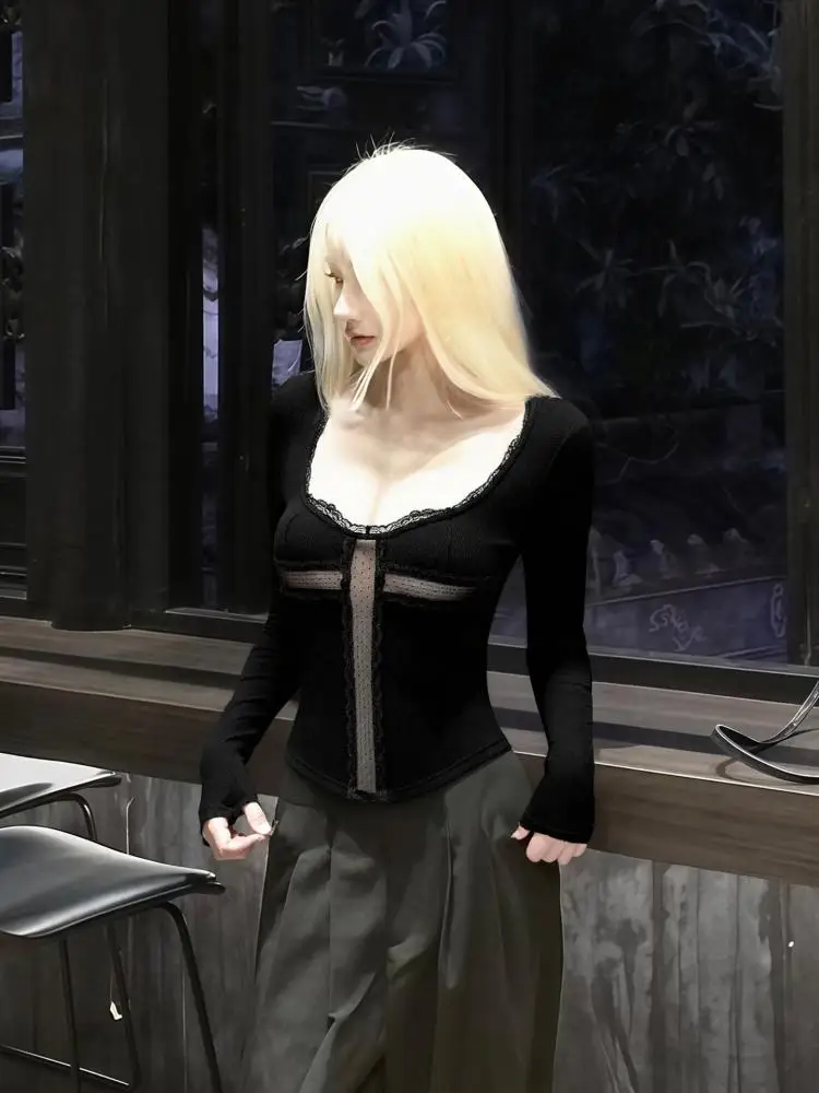 Seeslim Patchwork Cross Hollow Out Women's T-shirt Long Sleeve Gothic Spring Autumn Tops Tees Female Clothing 2000s Clothes Y2k 2