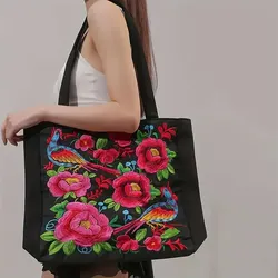 Ethnic Flower Embroidered Canvas Tote Shoulder Bag - (Medium (longest side 30-50cm)) (6)