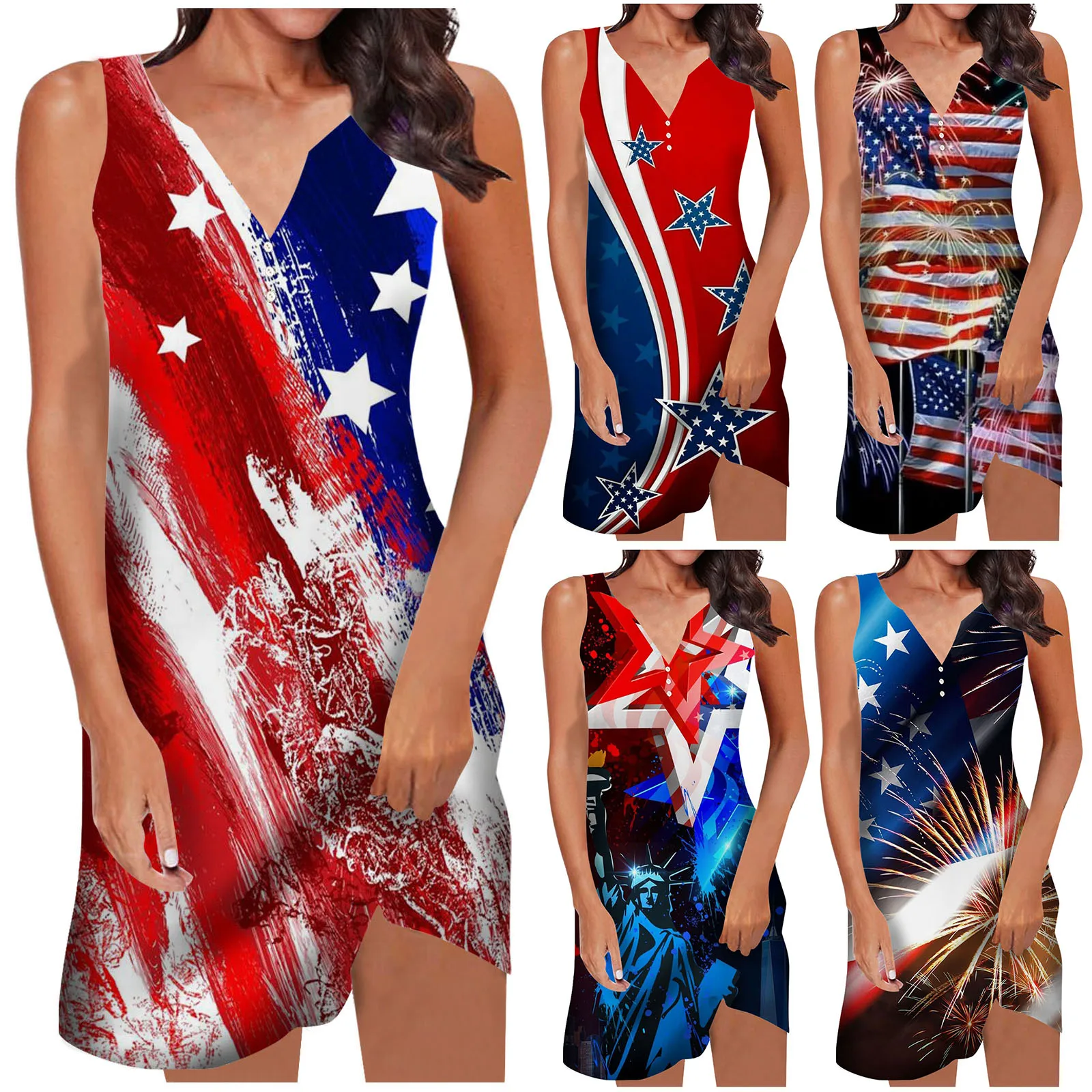 

Women Casual Round Neck Dress Hollow Ring Colorful Independence Day Print Dresses Sleeveless V Neck H Line Mini Summer Sundress