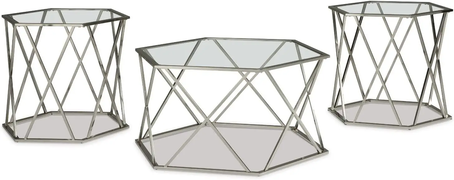 

Signature Design by Ashley Madanere Modern Chrome 3-Piece Occasional Table Set, Includes Coffee Table and 2 End Tables, Silver