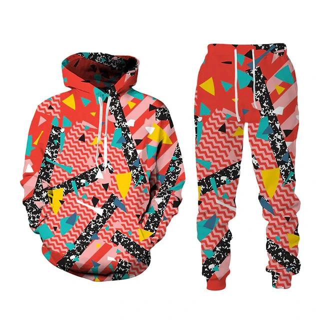 Retro Geometric 3D Printed Hoodie Pant Sets for Men