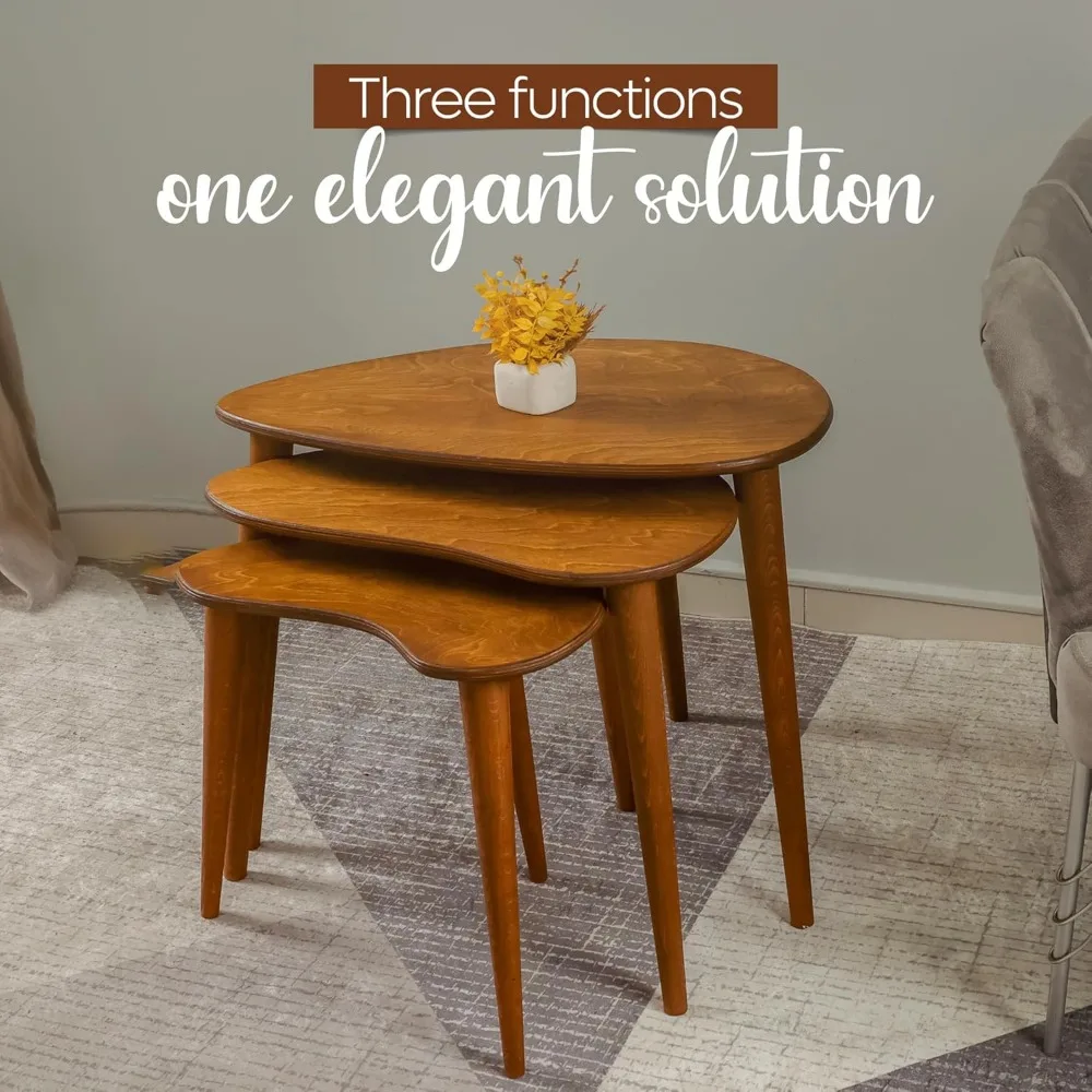 Solid nested table set of 3, birch mid-century pebble table with wood tapered legs, portable modern side coffee table 3