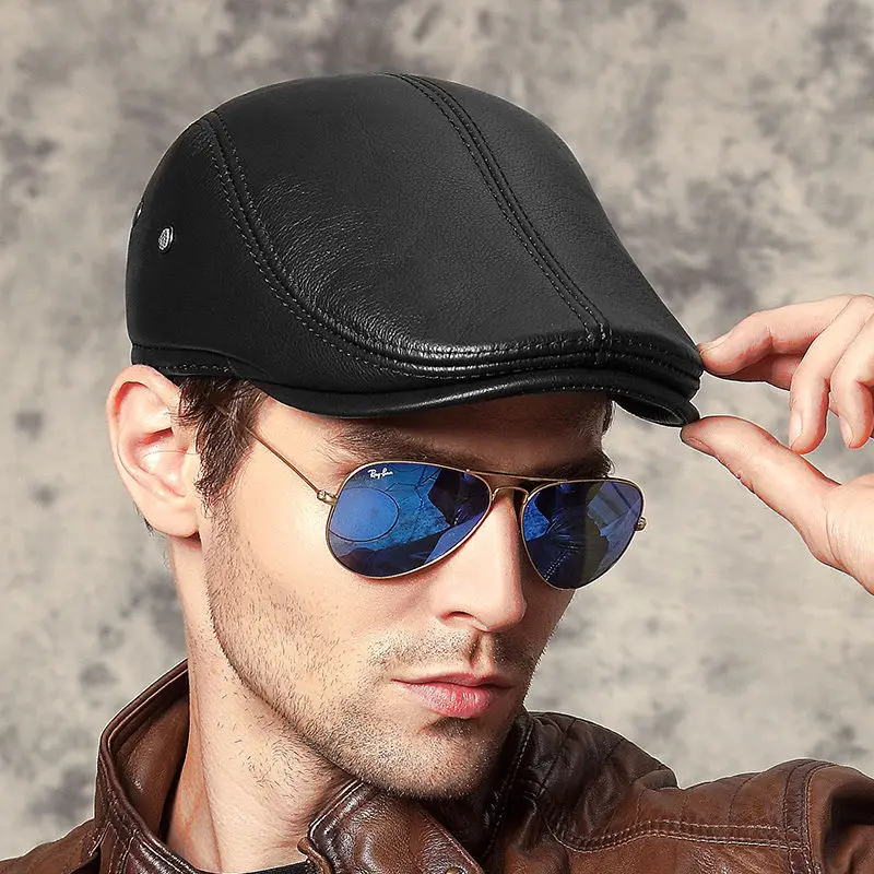 Beret Hat Men's outdoor leather hat winter Berets male warm Ear protection cap genuine leather dad hat Leisure bone