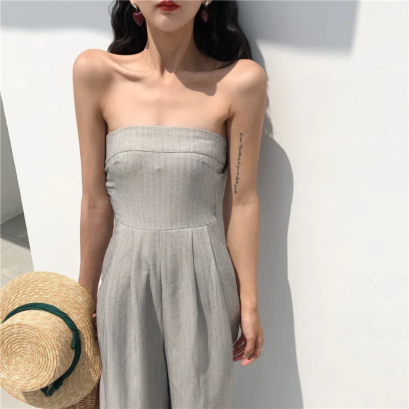 2021 New Spring and Autumn Retro Wide Leg Jumpsuit One-shoulder Fashion Temperament Slim High Waist Slim Tube Top Jumpsuit sweet and fresh gril 2023fashion spring summer sexy slim temperament elegant rhinestone fishnet patch flared skinny leg jumpsuit
