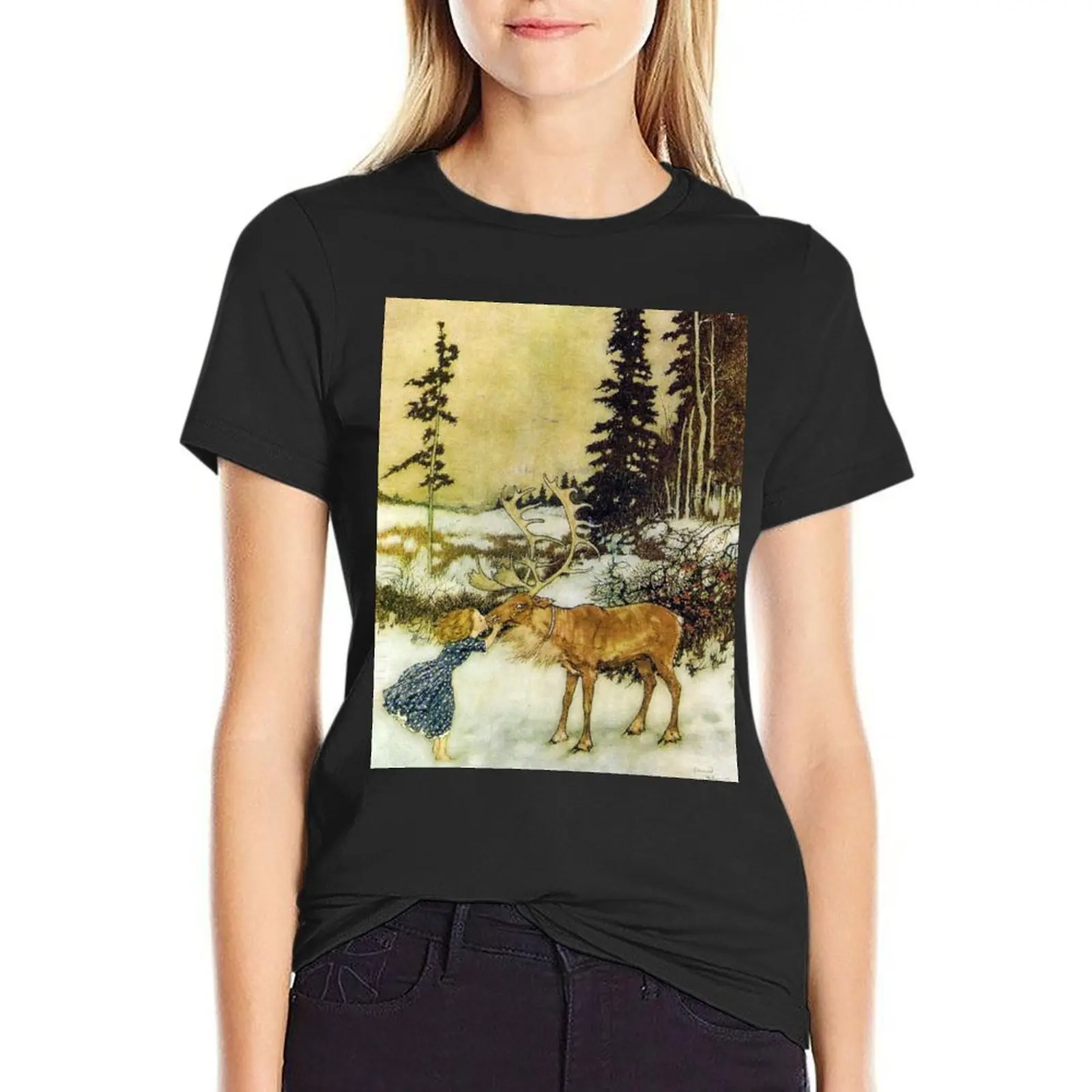 Gerda and the Reindeer - Edmund Dulac T-Shirt oversized plain customizeds Summer Women's clothing
