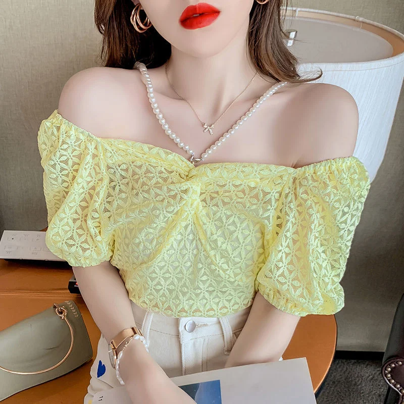 

Sexy Collar Pearl One Lace Summer Short Sleeve Hollow Top Blusas Clothes for Women Blouse Shirts