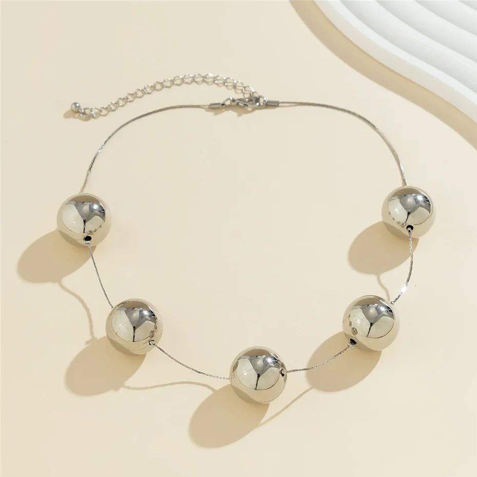 Creative Silver Color Big Ball Bead Choker Necklace for Women Trendy Punk Goth Thin Chain Accessories Grunge Jewelry Steampunk