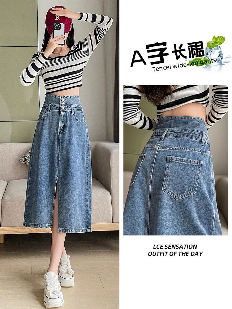 

High waisted casual women jeans skirt buttons down front split midi skirt with pockets loose A-Line Long Denim Skirts for Ladies