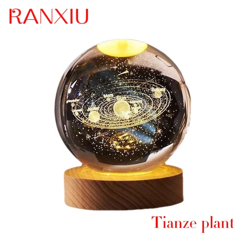 

Custom 3D Engraved Crystal Ball Kids Birthday Gift Glass Etached Astronaut Solar System Ball LED Night Lights With Wood Base