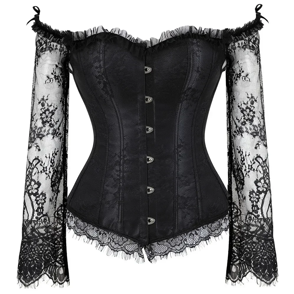Lace Long Sleeves Corset Tops Vintage Women Sexy Bustiers off Shoulder Corselet Renaissance Gothic Overbust Burlesque Costumes