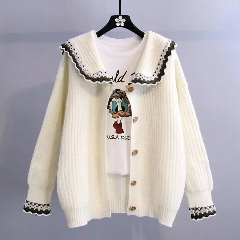 

Peter Pan Collar Ruched Solid Casual Knitted Women's Cardigan Long Sleeve Single-breasted Autumn Winter Female Jumpers G277