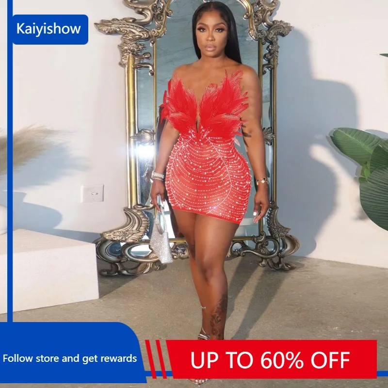 

Off The Shoulder Mesh Rhinestone Beaded Feather Prom Corset Dress See Through Night Club Evening Wedding Party Sexy Mini Dresses
