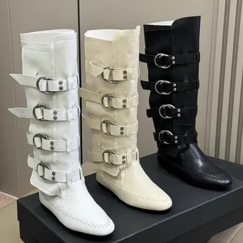 Fashion Belt Buckle Knee High Boots Women's Retro Genuine Leather Flat Slip on Casual Motorcycle Work Modern Boots Female Shoes