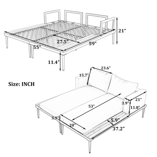 Outdoor sofa Patio Daybed with Wood Topped Side Spaces for Drinks, 2 in 1 Padded Chaise Lounges for Poolside, Balcony 6