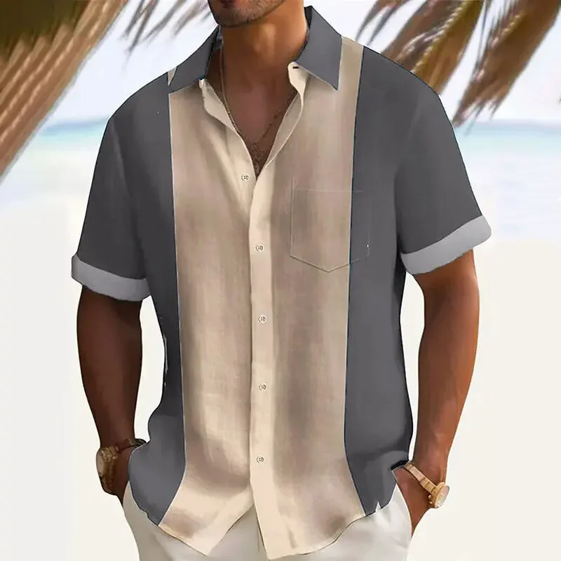 Men's Casual Contrast Short-sleeved Shirt Summer Fashion Lapel Button Shirt Travel Holiday Beach T-shirt Loose Tops Streetwear