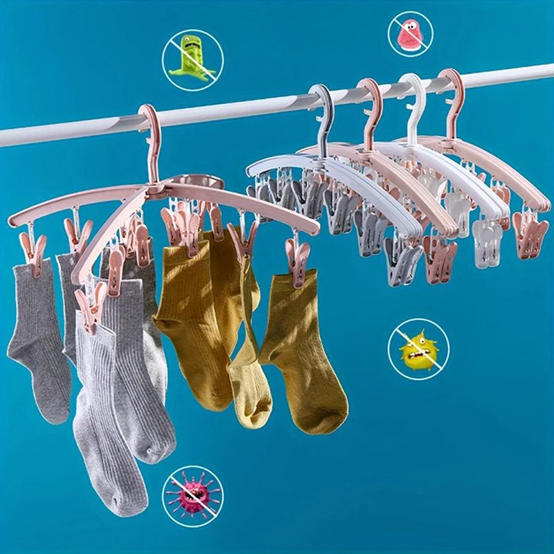 12 Clips Sock Drying Rack Windproof Underwear Clip Dormitory Student Folding Hanger Household Drying Clip Plastic Hanger 2
