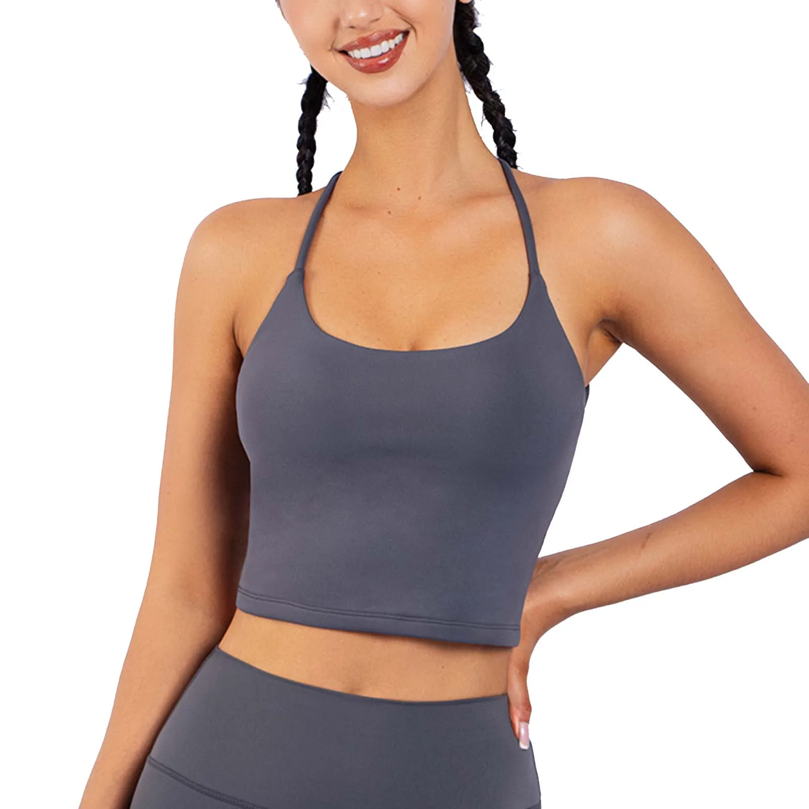 Camp Top Women Sports Padded Bra Open Back Halter Crop Tops No