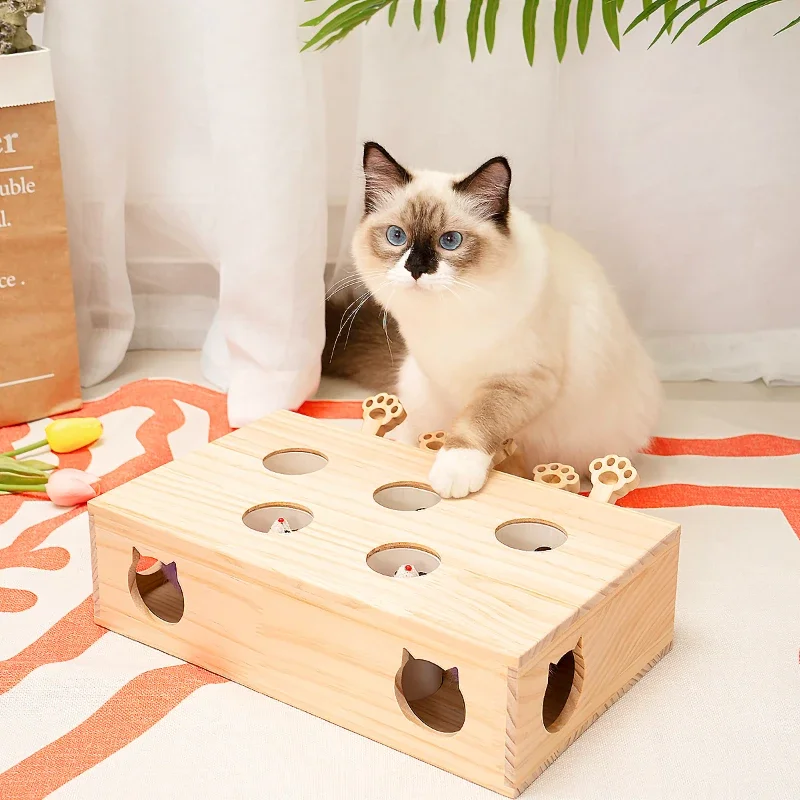 Katzenspielzeug, interaktives Maulwurf-Kampfspielzeug aus massivem Holz, für den Innenbereich, Katzenkätzchen, Mausfangspiel