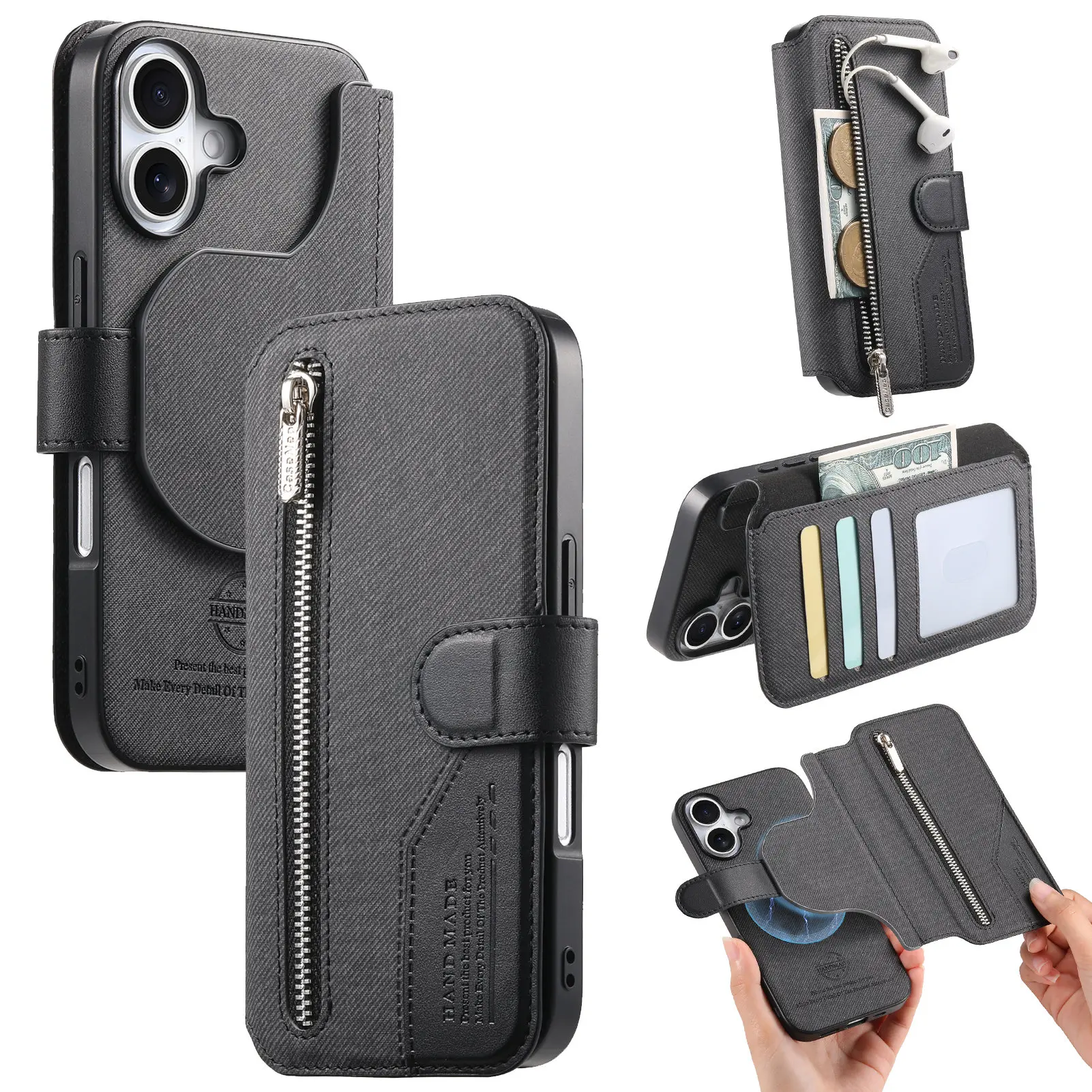 2-in-1 Wireless Charging Zipper Leather Flip Phone Case