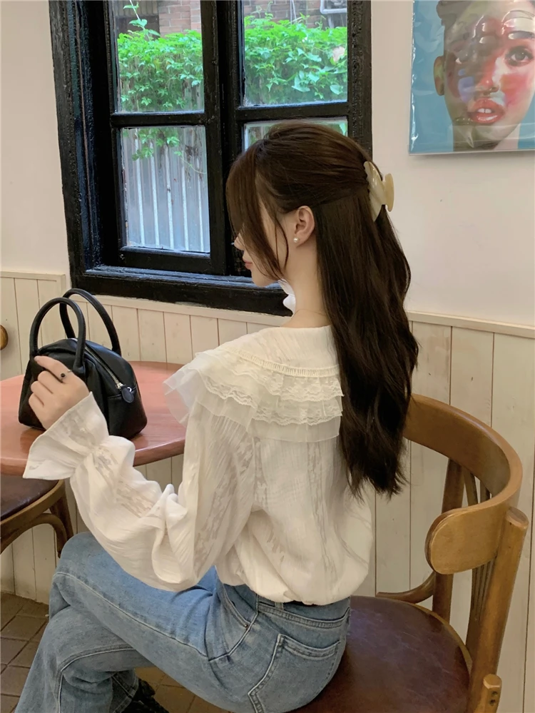 2024 Spring Female Lace Shirts Long Flare Sleeve Peter Pan Collar Sweet Girls Blouses Elegant Office Lady Basic Shirt Clothes