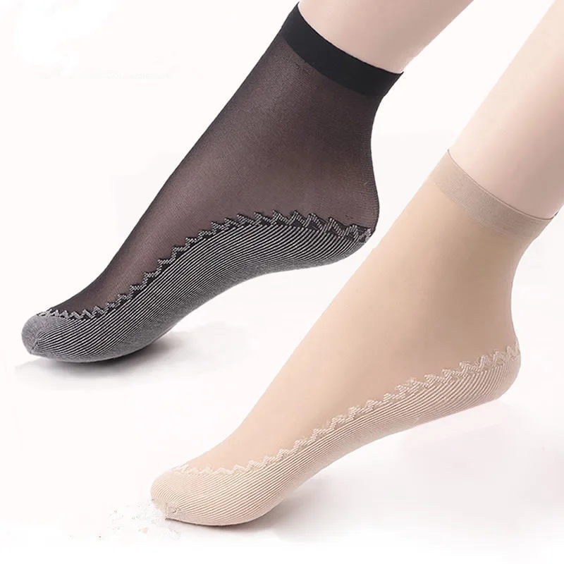 

10Pairs Spring Summer Women Girls Socks Casual Non-Slip Bottom Splice Fashion Transparent Ladies Girls Breathable Thin Silk Sock
