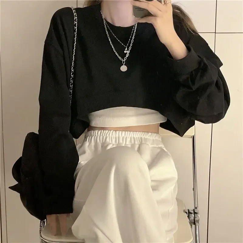 Streetwear Women Sexy Solid Cropped Sweatshirts Oversize Loose Harajuku Pullovers T Shirt Spring Korean Chic Casual Tops Y2K