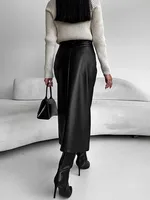 Jupe en cuir taille haute femmes fente avant printemps automne jupe longue taille haute bureau dame jupes minces élégant Ropa De Mujer 3