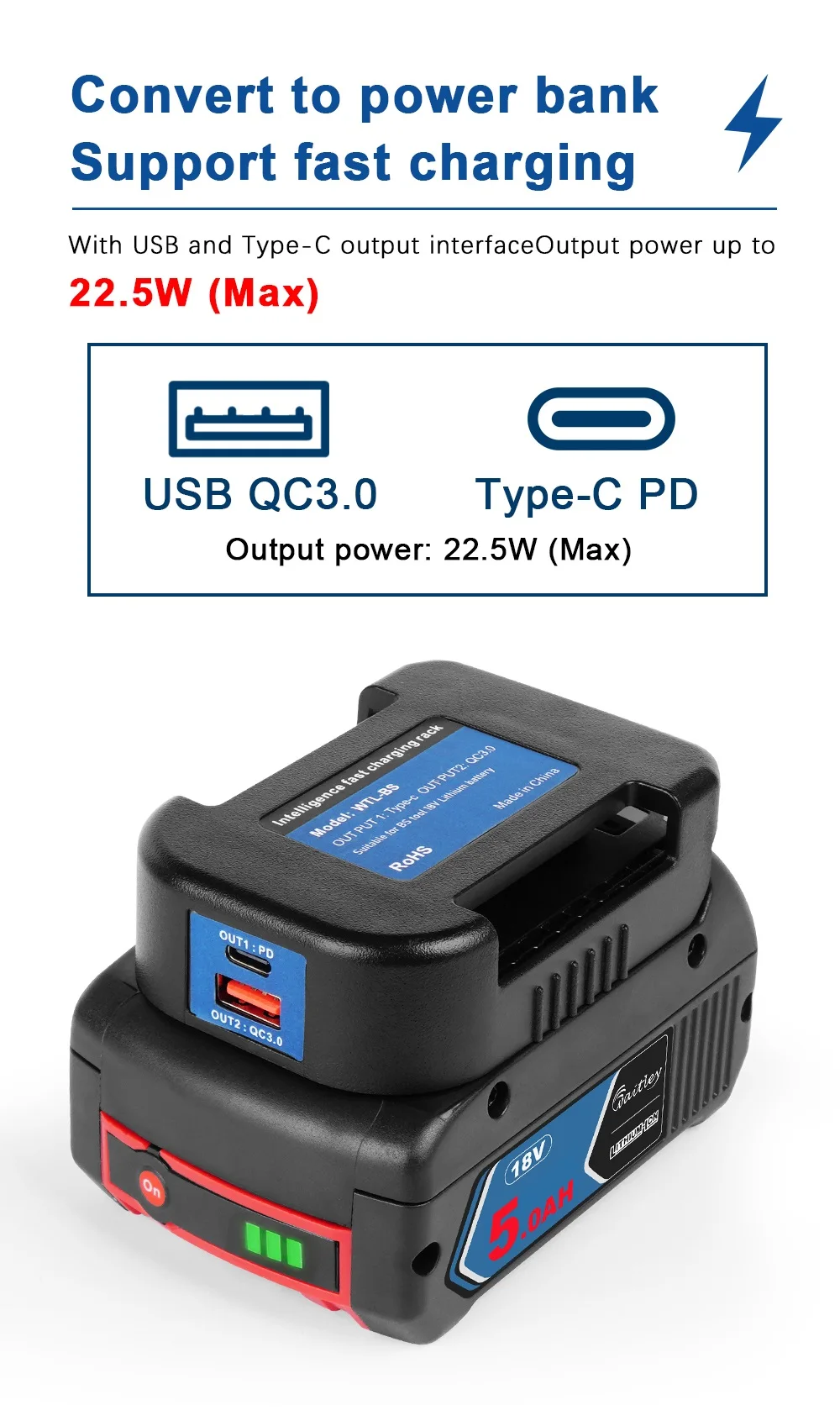 Adapter for BOSCH 18V battery with dual output Convert to power bank fast chargi