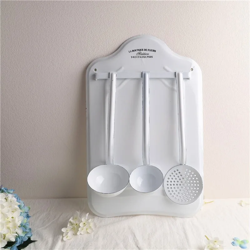 Vintage French Style Kitchen Utensil Set with Wall Mount, White Enamel, 3 Pieces, 12x18 inches