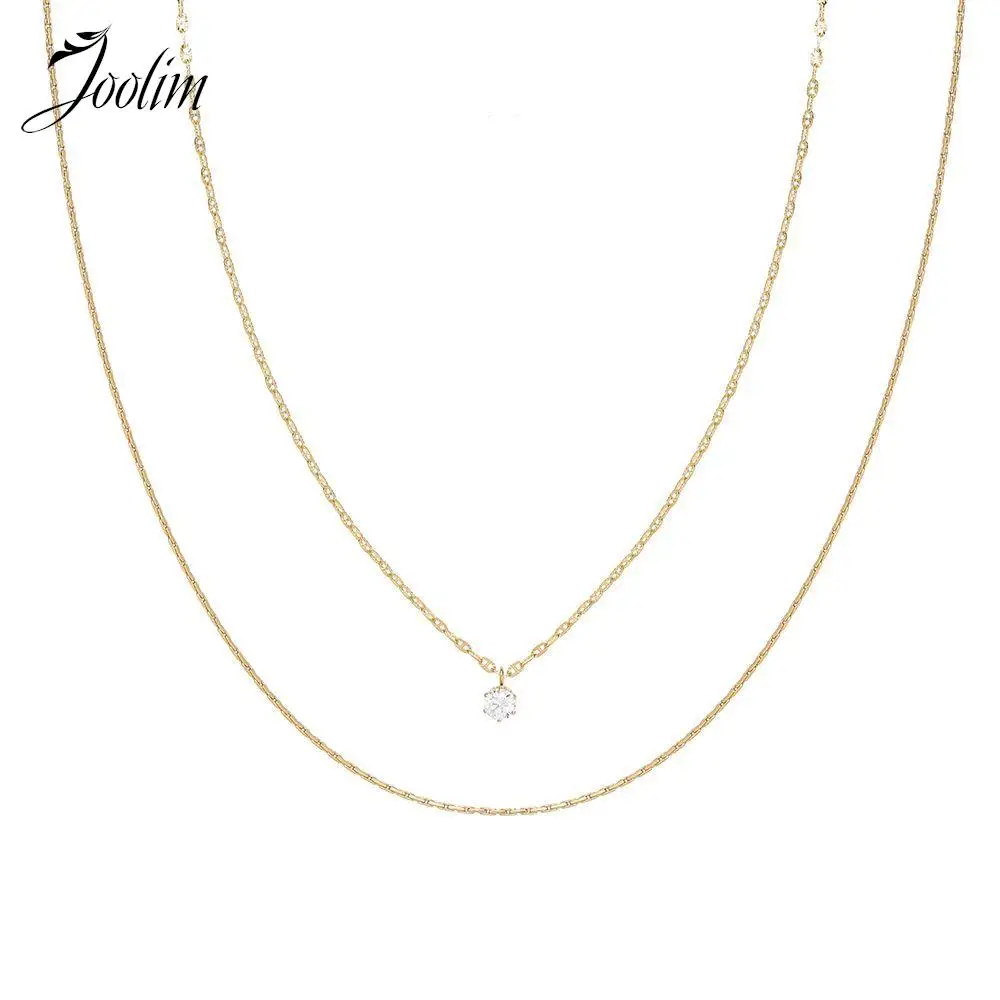 

Joolim Jewelry Wholesale Waterproof Fashion Double Layer Chain Shiny Zirconia Pendant Stainless Steel Necklace for Women