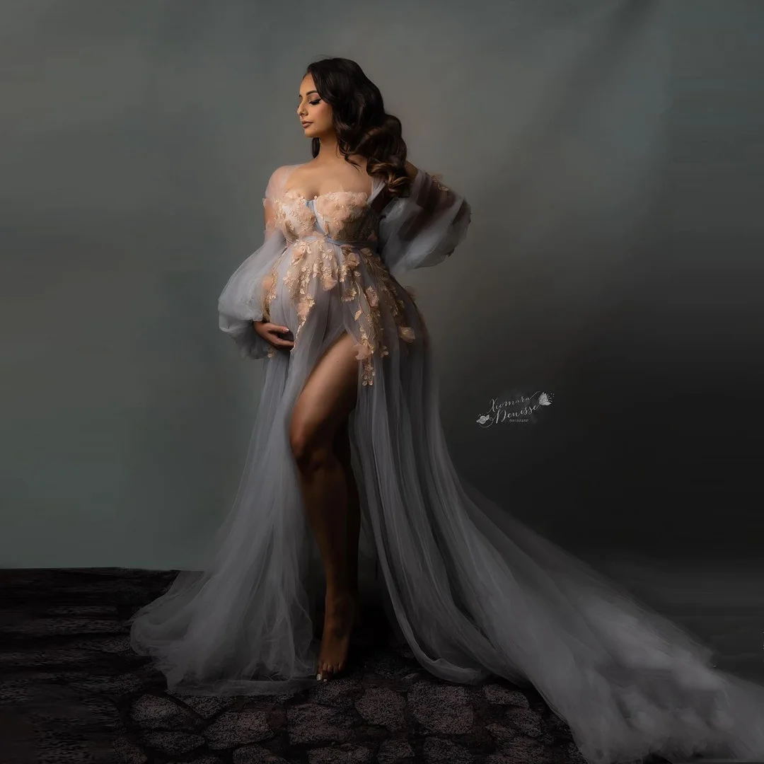 

Pretty Gray Sheer Tulle Maternity Dresses To Photo Shoot 3D Flower Appliques Long Illusion Dress Pregnancy Hi Slit Women Gown