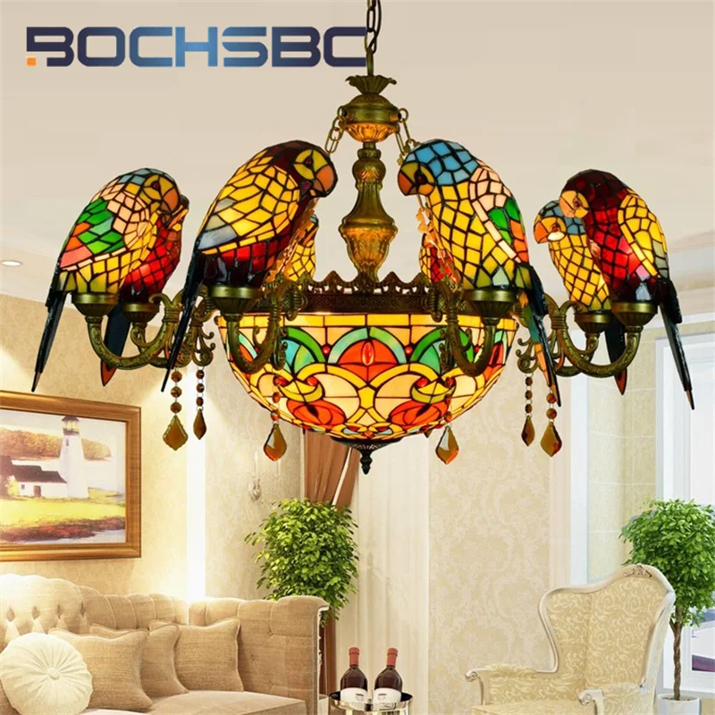 

BOCHSBC Tiffany style stained glass retro light Parrot Bird multi-head Pendant lamp Hotel Villa living room dining hallway decor