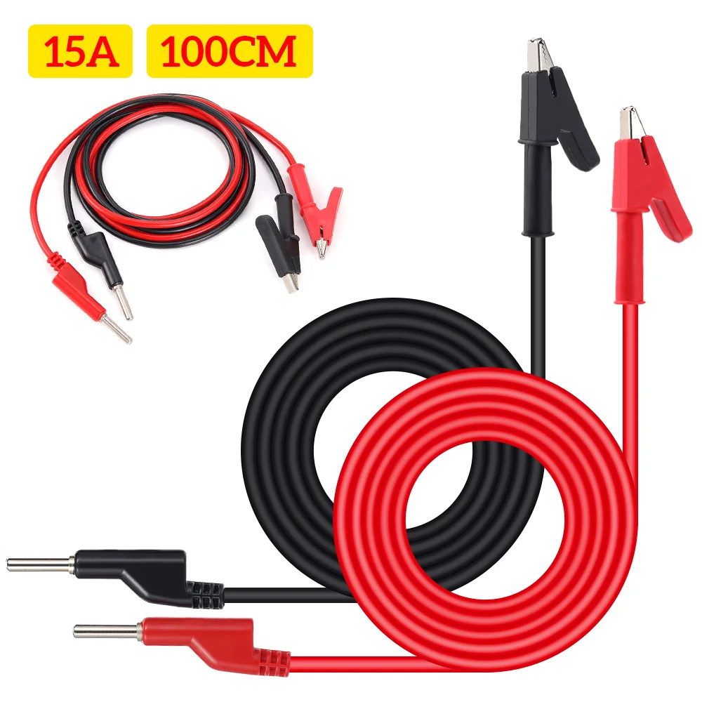 Silicone Cable Wire 2Pcs 1M 4mm Alligator Clip to Banana Plug Test Cable Lead Connector 15A Dual Probe Multimeter Measure Tool