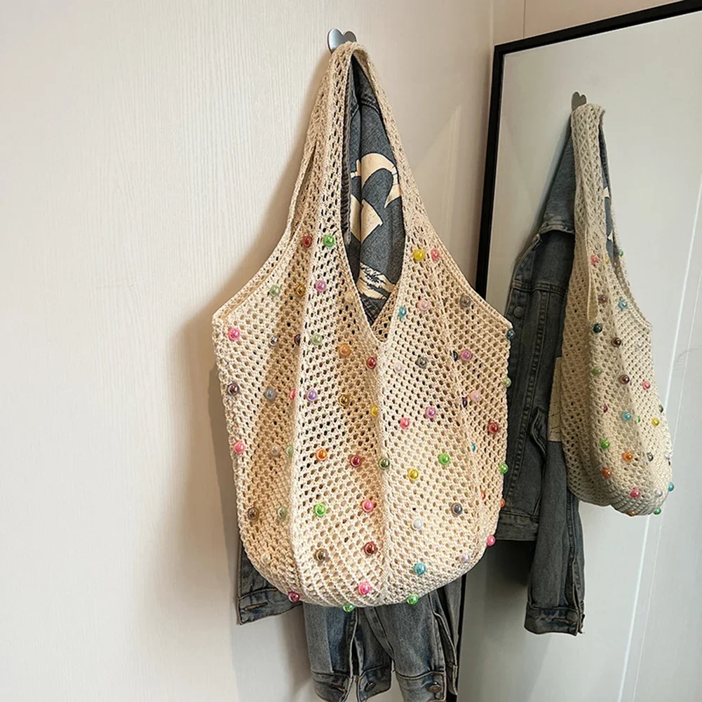 Bolso De Ganchillo Con Corazones - Bolsa De Punto Hobo, 36x32 Cm, Asa Larga, Para Playa O Día A Día