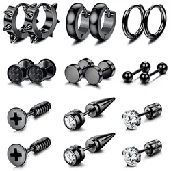1 Pairs/9 Pairs Black Stainless Steel Screw Stud Earrings For Men Women Piercing Small Huggie Hoop Earrings Set For Unisex