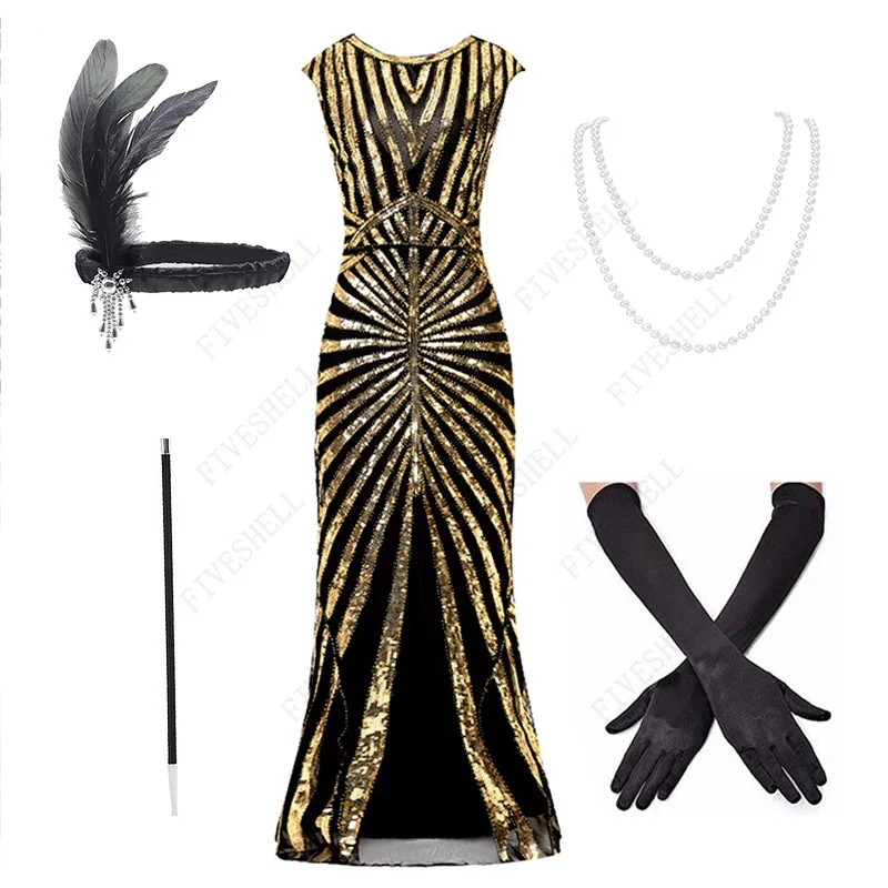 

Women's 1920s Flapper Gatsby Dress with sleeveless Sequin Beaded Art Deco Cocktail Party Long Dresses Accessories Set