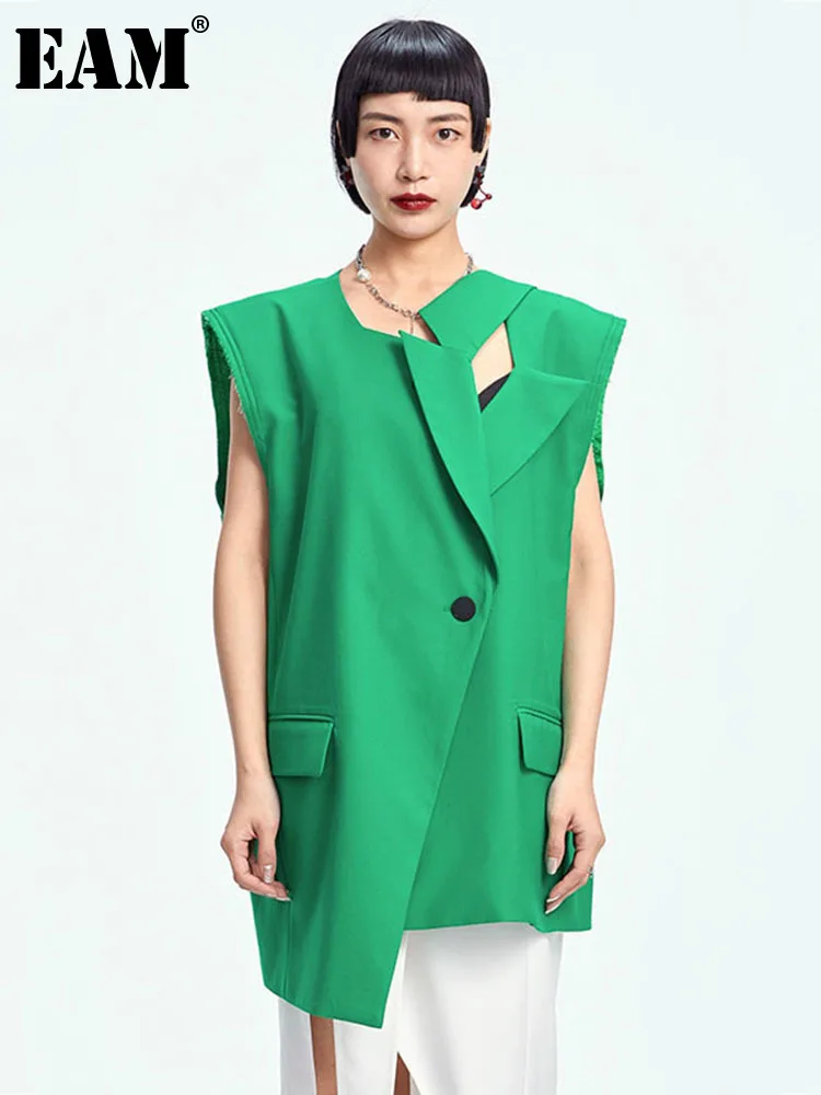 

[EAM] Women Loose Fit Green Big Size Hollow Out Asymmetrical Vest New Lapel Sleeveless Fashion Tide Spring Summer 2024 1DD7291
