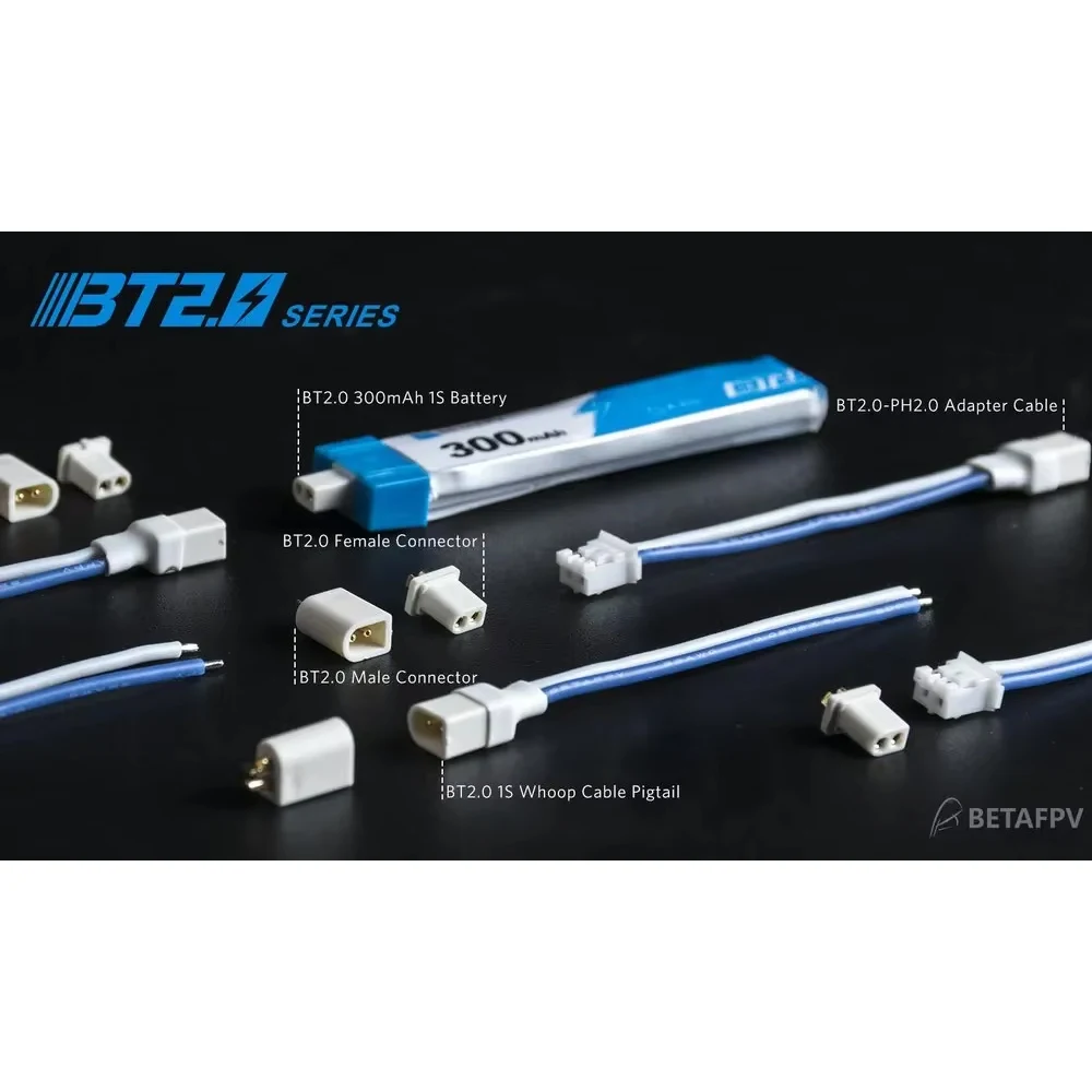 Dix connecteurs BETAFPV BT2.0 disposés en rangée pour batterie FPV micro.