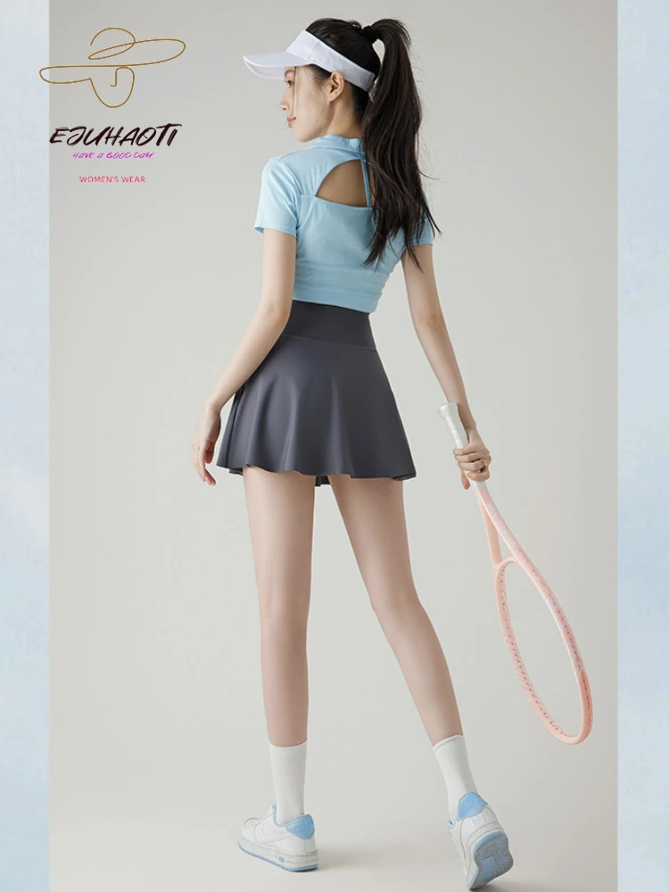 

Summer Yoga Skirts Women New in Fake Two-piece Mini Shark Running Fitness Tennis Sports Pleated Skirt Have Safety Pants Culottes