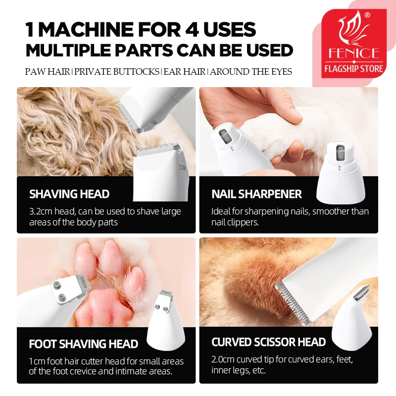 Fenice 4 in 1 Electric Hair Trimmer with 4 Blades Grooming Clippers for Pets Trimmer Nail Grinder Professional Cutter Machine